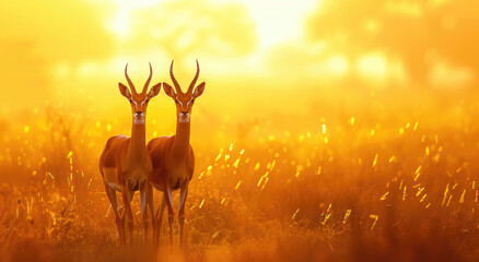 Wall Mural - Two antelope standing side by side in the savannah at sunset, with their horns pointing upwards towards the sky