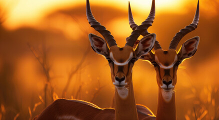 Wall Mural - Two antelope standing side by side in the savannah at sunset, with their horns pointing upwards towards the sky