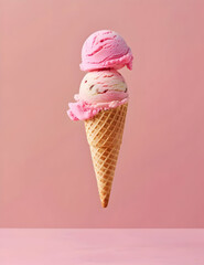 Delicious strawberry ice cream in a waffle cone against a pastel pink background, perfect for dessert lovers and summer treats.