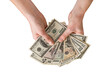 © Julia - Person hands holding fanned out American US cash money dollars isolated cutout on transparent