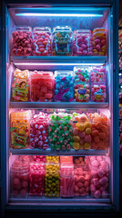 Wall Mural - Closeup of shelves filled with colorful candies in a store