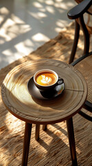 Sticker - cup of coffee on wooden table in Retro Cafe