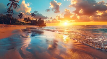 A beach scene at golden hour with vivid reflections on the sands, silhouetted palm trees, and a breathtaking sunset, creating a perfect backdrop for a relaxing evening.