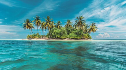 A breathtaking view of a small tropical island with lush green palm trees and turquoise waters under a bright, sunny sky, showcasing natural beauty and serenity.