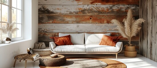 Wall Mural - Cozy Living Room with White Sofa and Rustic Wood Wall