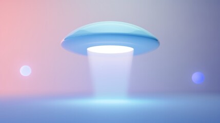 Wall Mural - 3D illustration of a blue ufo hovering over a bright light in a purple and pink gradient background.