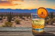 © AungMyintMyat - Mezcal: A glass of mezcal with a slice of orange, set on a rustic wooden surface with a blurred desert landscape in the background.
