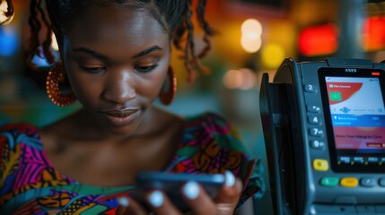 Wall Mural - A woman is using her cell phone while standing in front of a payment terminal