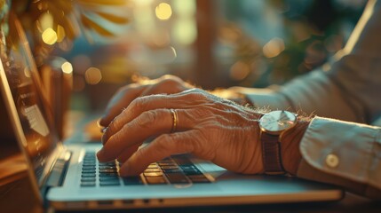 Wall Mural - A man is typing on a laptop with a watch on his wrist