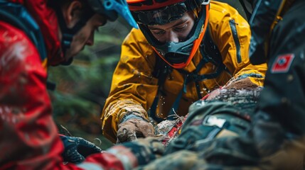 Wall Mural - A man in a yellow jacket is helping another man who is injured