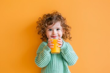 Cute curly-haired child in green sweater holding a glass of juice
