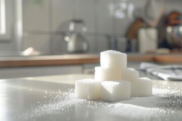 Sugar cubes stacked in a pyramid on kitchen table