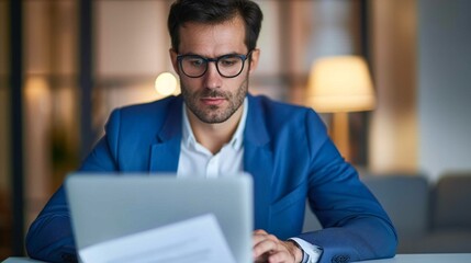 Realistic real estate agent preparing contracts at a desk, reviewing documents and using a laptop, organized office, bright lighting, sharp clarity