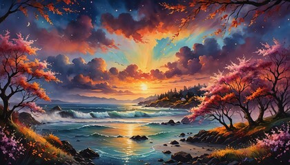Wall Mural - A brilliant, vibrantly colored illustration of a sky at sunset over water. 