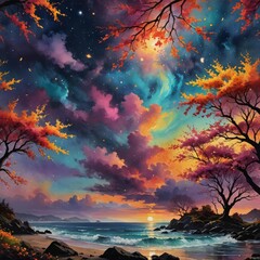 Wall Mural - A brilliant, vibrantly colored illustration of a sky at sunset over water. 