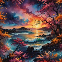 Wall Mural - A brilliant, vibrantly colored illustration of a sky at sunset over water. 