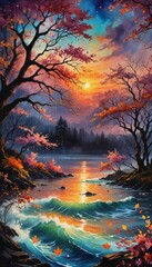 Wall Mural - A brilliant, vibrantly colored illustration of a sky at sunset over water. 
