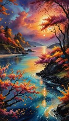Wall Mural - A brilliant, vibrantly colored illustration of a sky at sunset over water. 