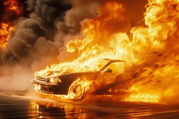 A burning car engulfed in flames on the road