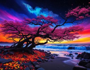 Wall Mural - A brilliant, vibrantly colored illustration of a sky at sunset over water. 