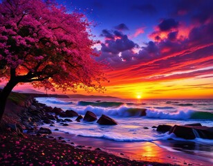Wall Mural - A brilliant, vibrantly colored illustration of a sky at sunset over water. 
