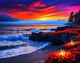 Wall Mural - A brilliant, vibrantly colored illustration of a sky at sunset over water. 