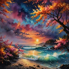 Wall Mural - A brilliant, vibrantly colored illustration of a sky at sunset over water. 