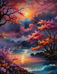 Wall Mural - A brilliant, vibrantly colored illustration of a sky at sunset over water. 