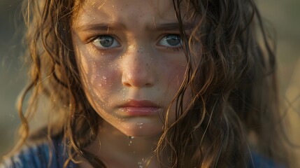 Closeup of a young girl with tears rolling down her cheek. 