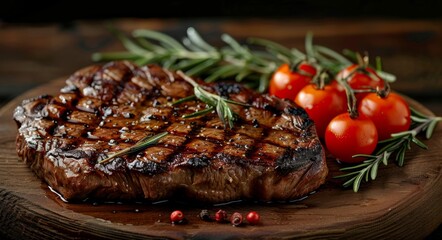 Wall Mural - Grilled Steak With Rosemary and Tomatoes on Wooden Cutting Board