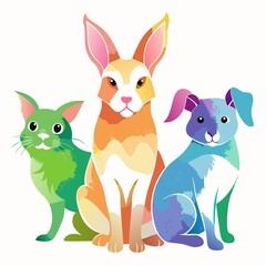 Wall Mural - watercolor, pets, set, adorable, Adorable watercolor set of rabbit, cat, and dog on clean white background, showcasing their sweet and gentle nature.