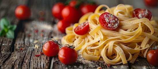 Wall Mural - Close-Up of Fresh Pasta with Tomatoes on Wooden Table