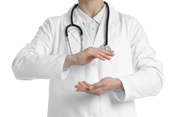 Wall Mural - Doctor holding something on white background, closeup