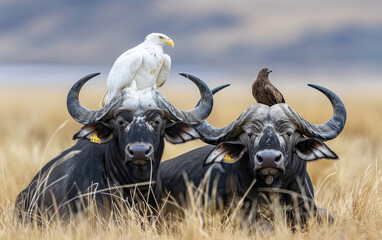 Canvas Print - African buffalo standing in tall grass, with an elephant behind them. The camera is focused on the buffalos' horns and their brown fur against the green background