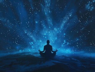 Wall Mural - ethereal digital illustration of a meditating figure surrounded by a pulsating blue aura set against a minimalist cosmic background