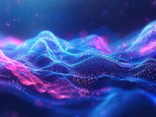 Wall Mural - ethereal digital landscape with floating particles forming abstract shapes illuminated by vibrant neon colors against a deep blue background futuristic and mesmerizing