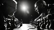 © WACHI - Two mature men face off in an intense chess match, backlit, creating dramatic shadows and a focused atmosphere.