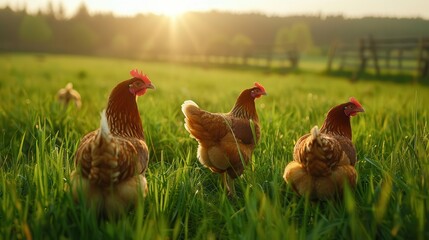 freerange chickens pecking in lush meadow golden afternoon light vibrant green grass contrasting with rich brown feathers idyllic pastoral scene emphasizing natural farming practices