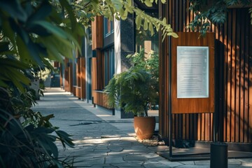 Wall Mural - Wooden Facade Restaurant Entrance with Greenery