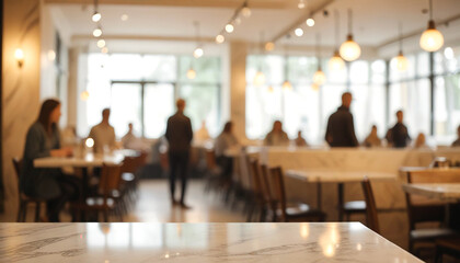 Wall Mural - Marble round table top with blurred café restaurant, abstract background, bokeh lights, product display