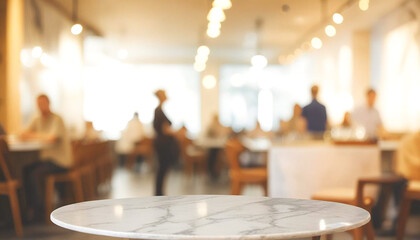 Wall Mural - Marble round table top with blurred café restaurant, abstract background, bokeh lights, product display