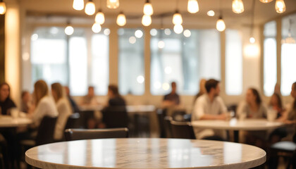 Wall Mural - Marble round table top with blurred café restaurant, abstract background, bokeh lights, product display