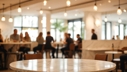 Wall Mural - Marble round table top with blurred café restaurant, abstract background, bokeh lights, product display