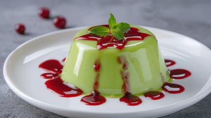 Canvas Print - Delicious green jello dessert with raspberry sauce