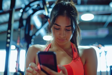 Wall Mural - Young adult woman using smartphone in gym