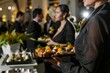 © Shooting Star Std - Professional Photography of Caterer Serving Appetizers, waitstaff presenting trays of hors d'oeuvres at a reception, Generative AI
