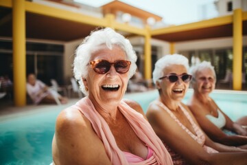 Wall Mural - Portrait of a smiling diverse group of seniors near a pool