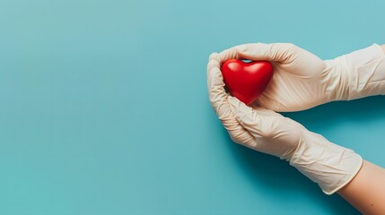 Hand in medical gloves in shape of heart on blue background. 