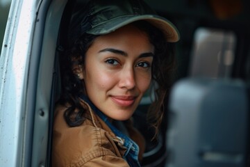 Wall Mural - Portrait of a young female Hispanic delivery driver