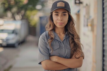 Wall Mural - Portrait of a young female Hispanic delivery driver